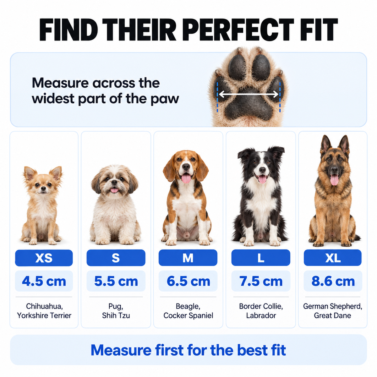 Professional Chin Rubs paw width size guide from XS to XL