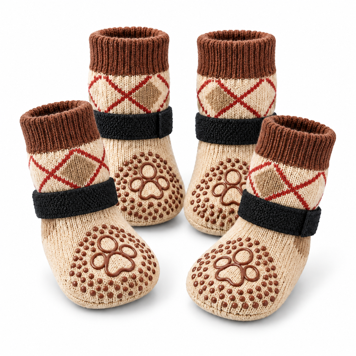 Four brown argyle dog grip socks with adjustable straps