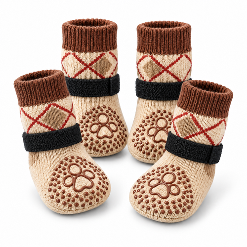 Four brown argyle dog grip socks with adjustable straps
