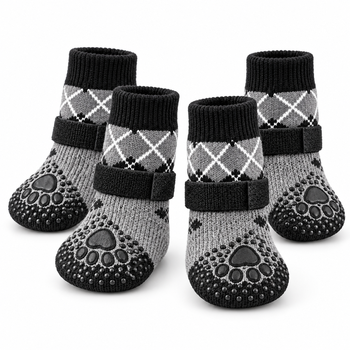 Four grey and black argyle dog grip socks with adjustable straps