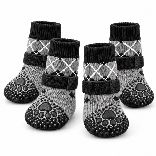Four grey and black argyle dog grip socks with adjustable straps