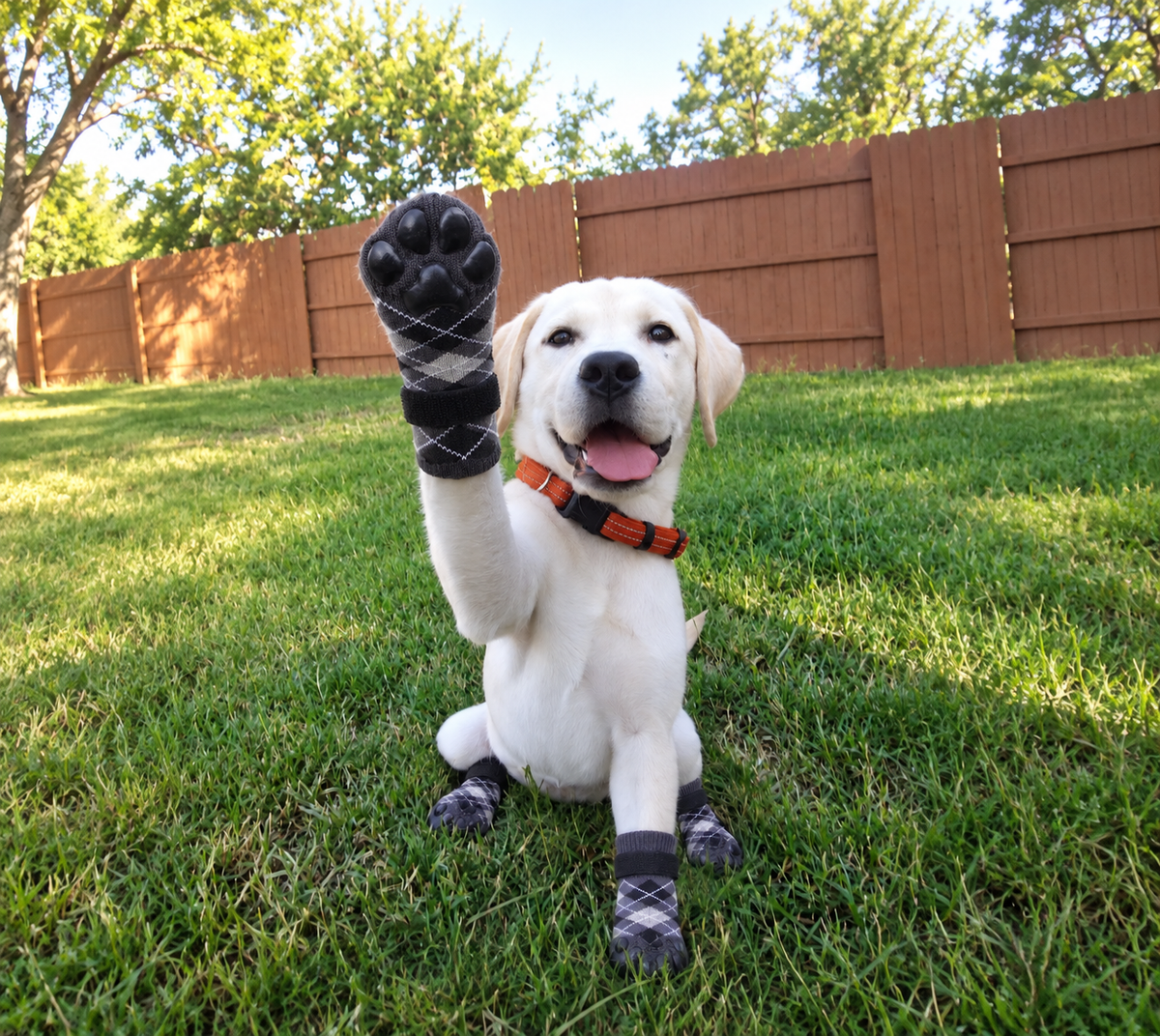Labrador showing the grey grip sole in a wide garden scene