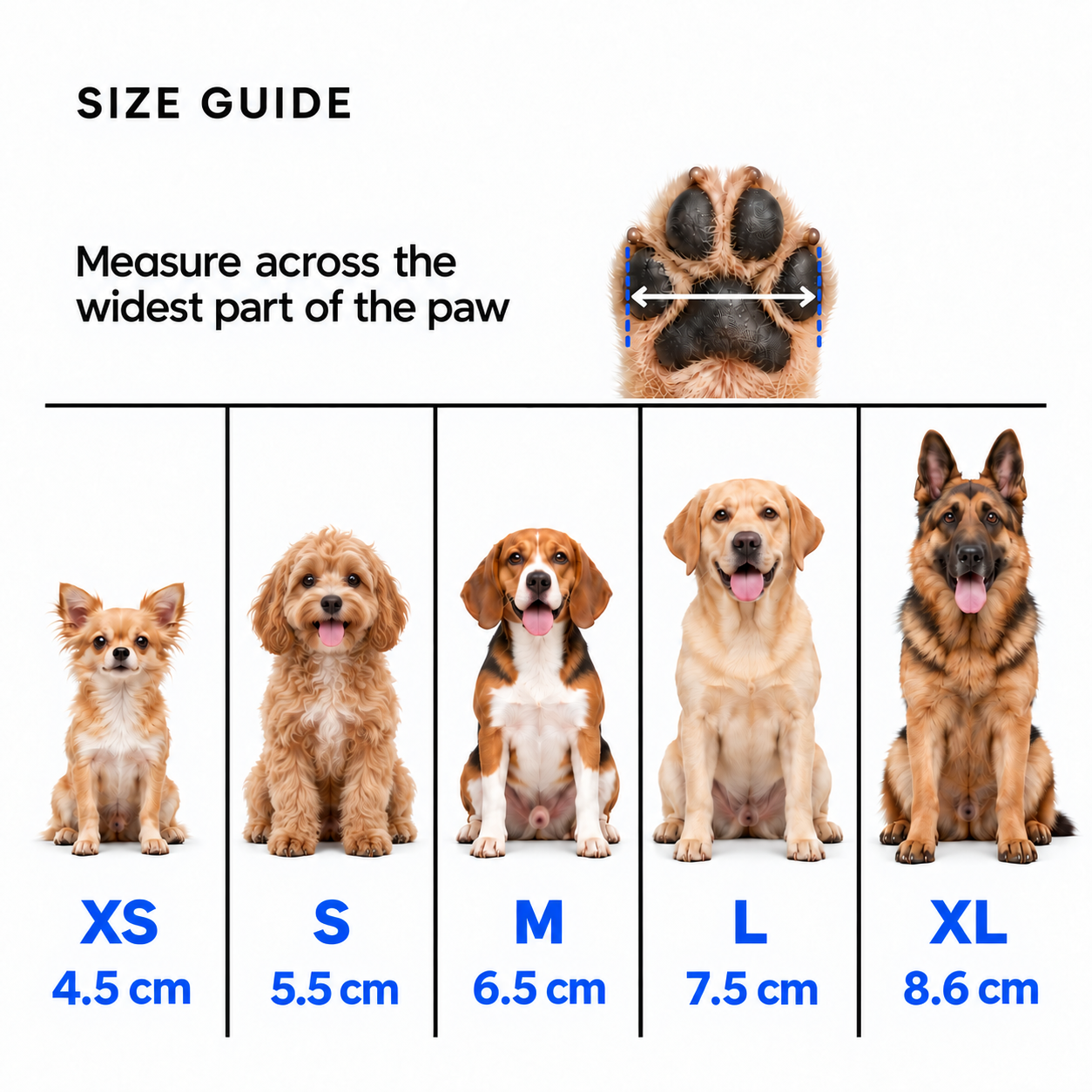 Chin Rubs paw width size guide in centimetres from XS to XL
