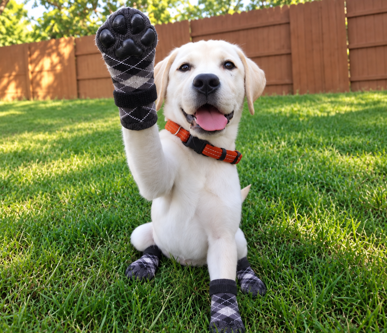 Labrador showing the grey grip sole in a wide garden scene